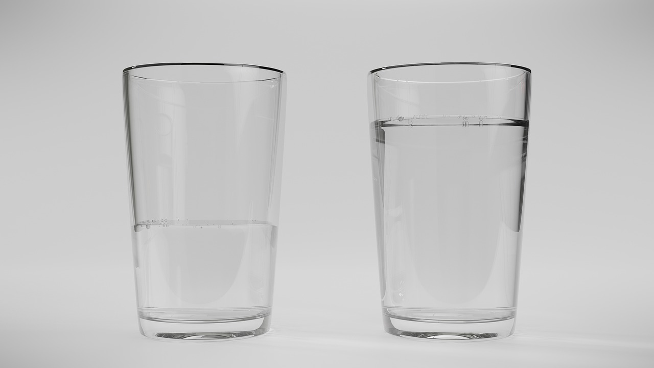 water, glass, optimist, pessimist, half, full, empty, imbalance, pure, clean, clear, drinking water, drink, life, nature, refreshing, fresh, mineral water, water glass, cold