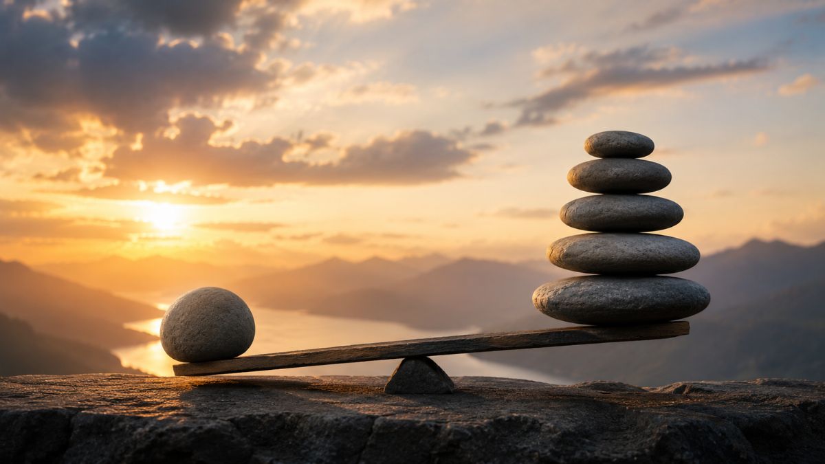 Balance scale with stacked stones illustrating optimisation and diminishing returns