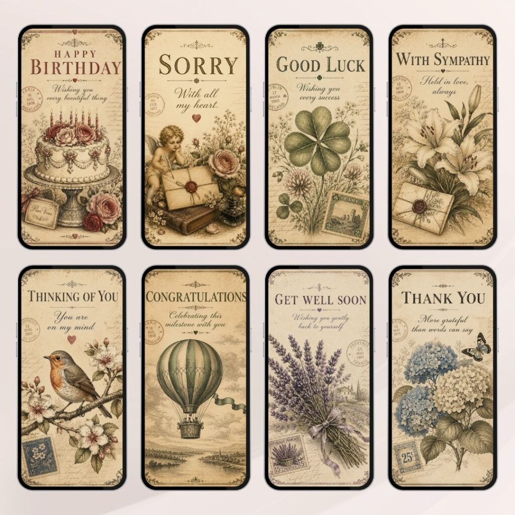 Letterpress digital greeting card collection featuring eight vintage-inspired designs